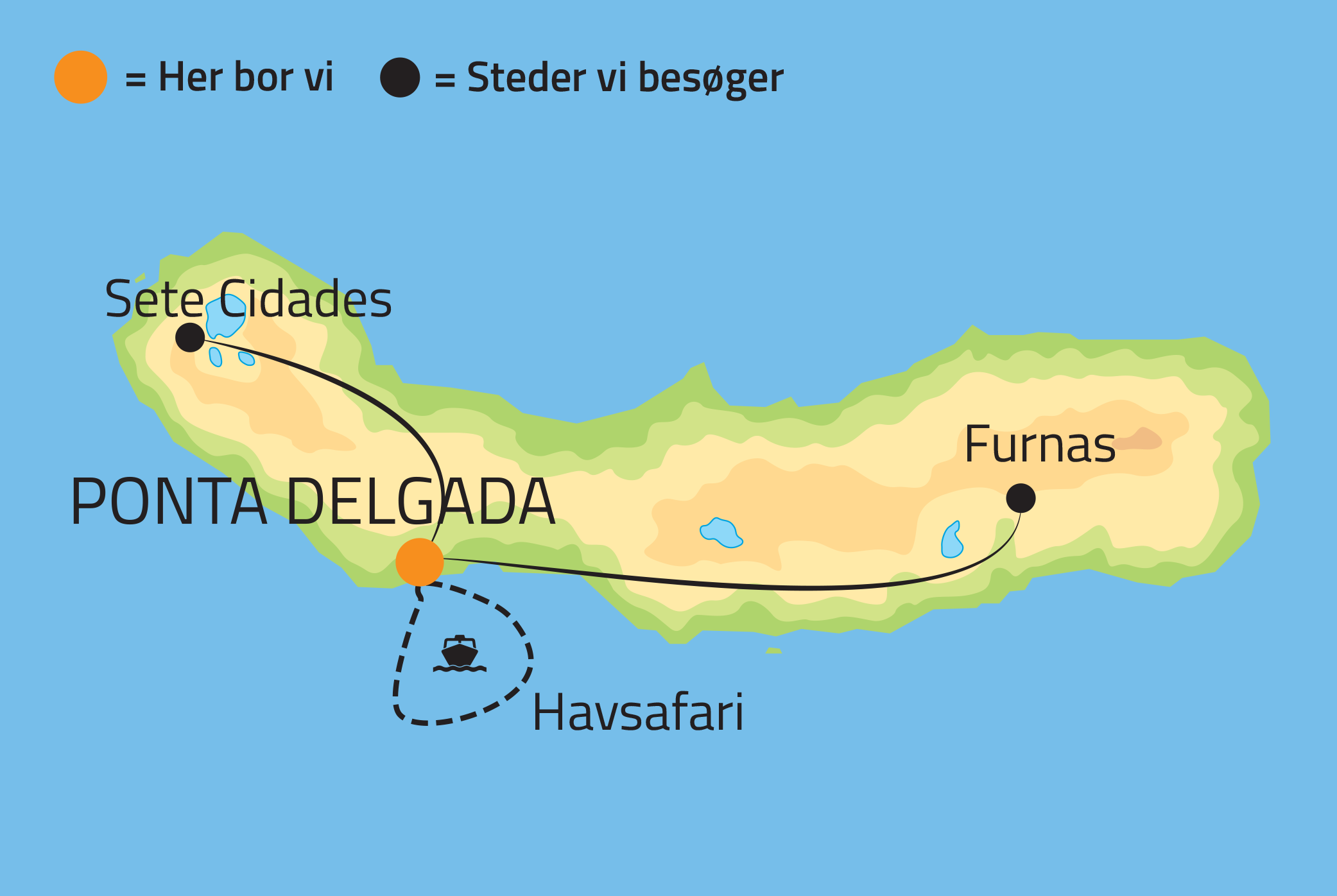 Kort over jeres rejse p� Azorerne